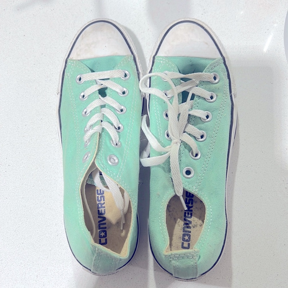 teal with white laces, converse size 8